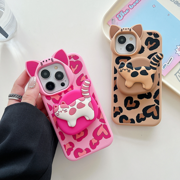 3D Kitty Stand Leopard Print Silicone Phone Case | Mobile Cover