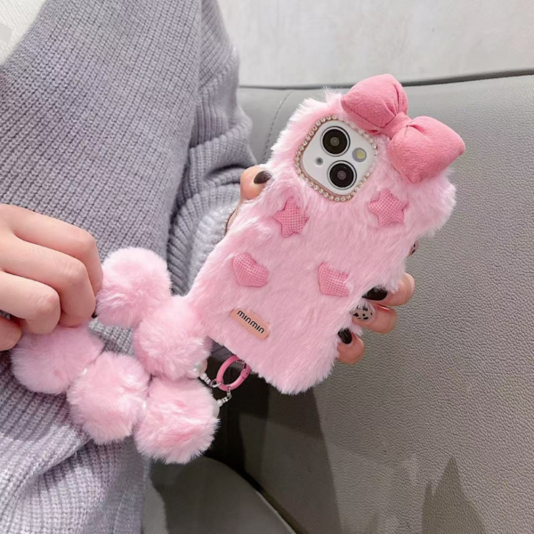 Bow Pattern Furry Soft Phone Case with Furry Bracelet