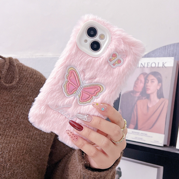 Butterfly Embroided Camera Protection Fur Phone Case