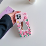 Silicone Tulip Embossed Pearl Mirror Phone Case - Image 3